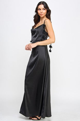 GOWN 421 - Floral Strap Cowl Neck Satin Gown