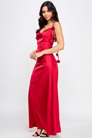 GOWN 421 - Floral Strap Cowl Neck Satin Gown