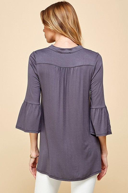 CT 2761 - Solid V  Neck Flared 3/4 Sleeve Top
