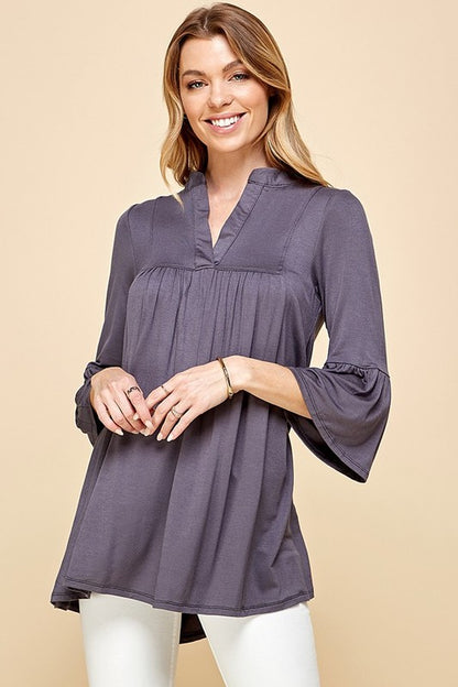 CT 2761 - Solid V  Neck Flared 3/4 Sleeve Top