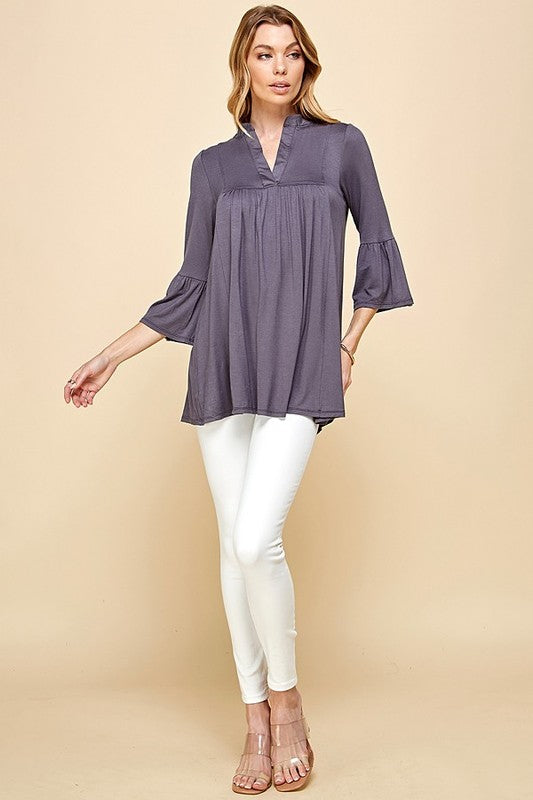 CT 2761 - Solid V  Neck Flared 3/4 Sleeve Top