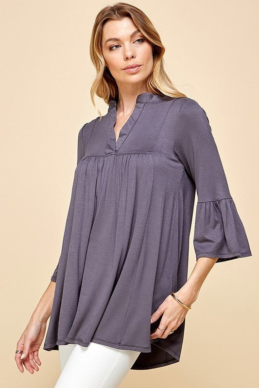 CT 2761 - Solid V  Neck Flared 3/4 Sleeve Top