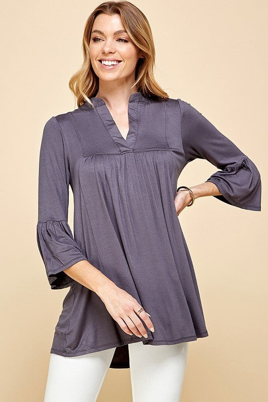 CT 2761 - Solid V  Neck Flared 3/4 Sleeve Top