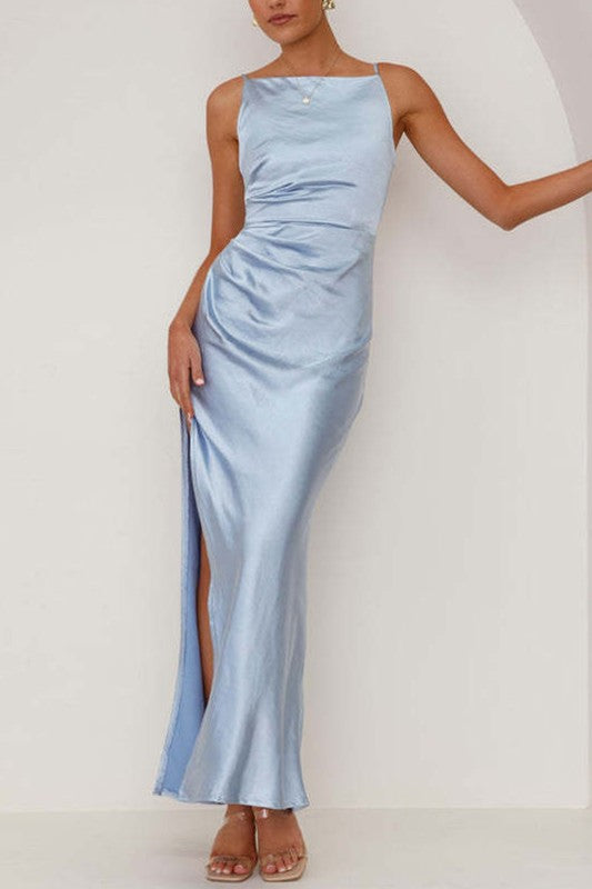 LD 571 - Side Slit Satin Evening Gown