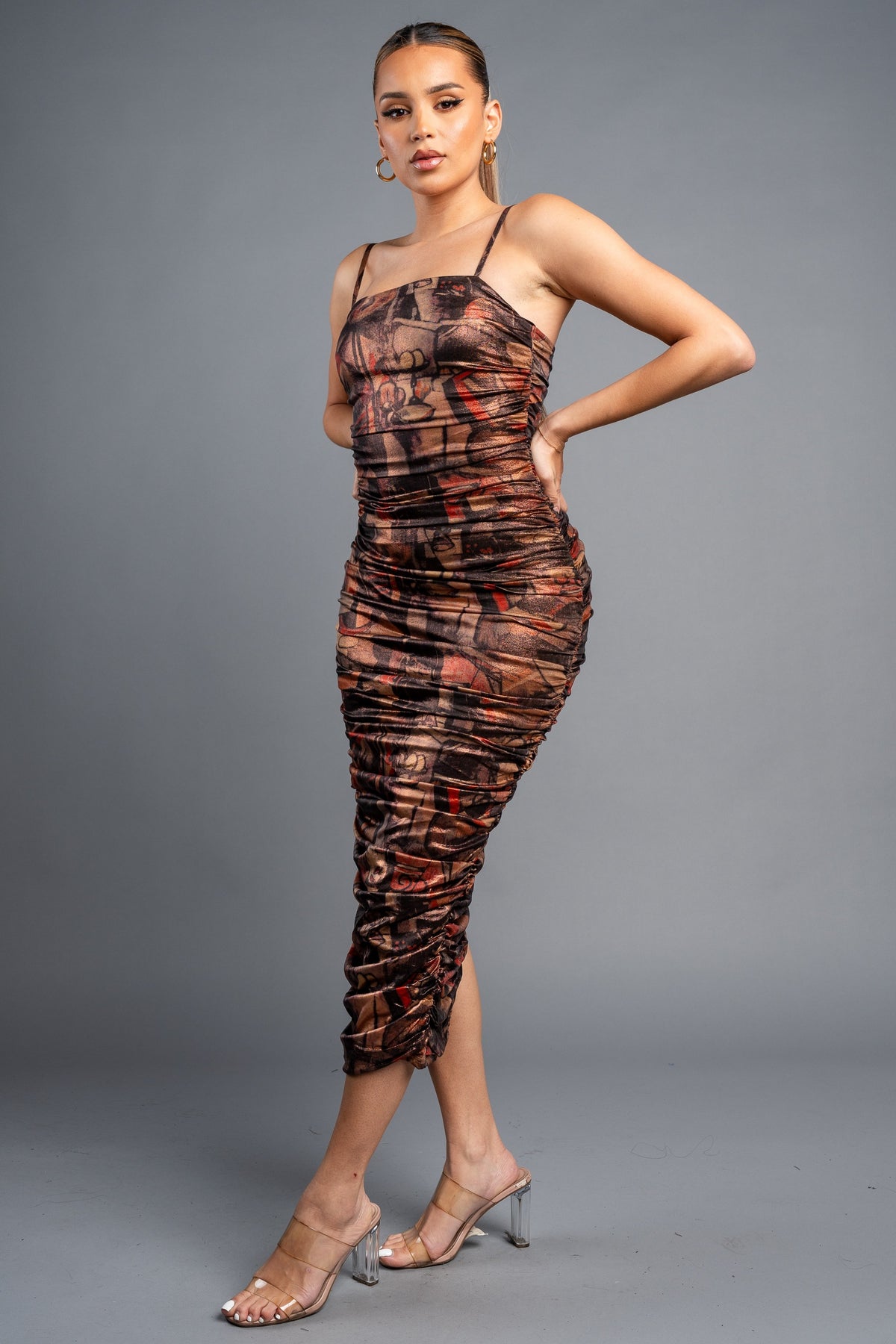 DD 1477 - Abstract Print Ruched Midi Dress