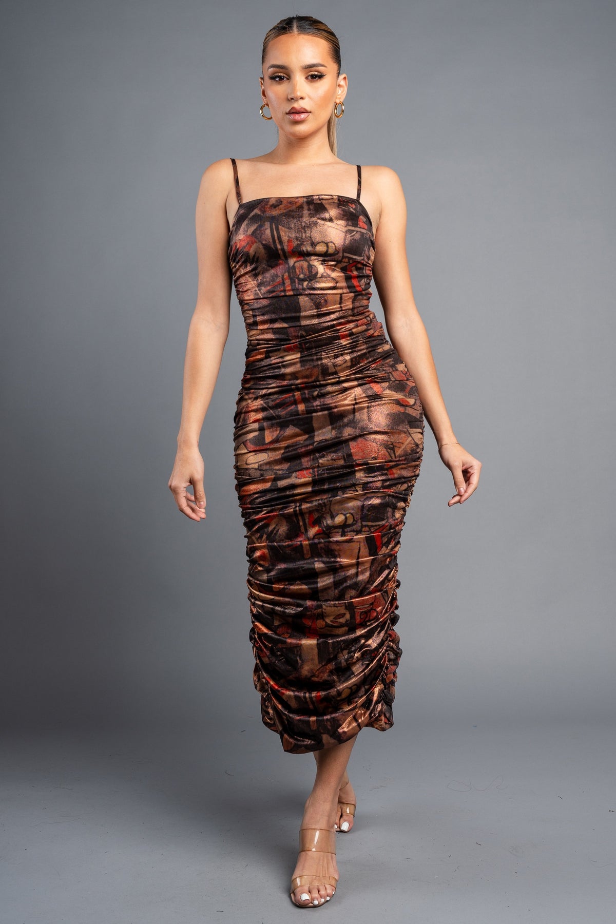 DD 1477 - Abstract Print Ruched Midi Dress