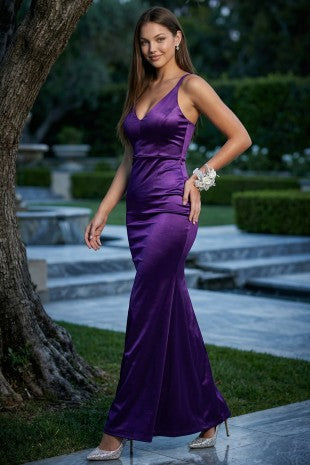 LD 633 - Simple Satin V-Neck Maxi Dress