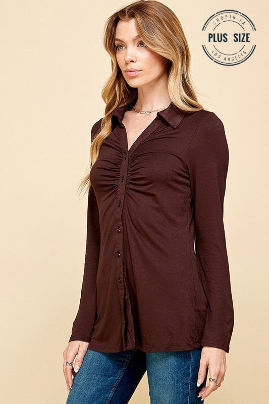 CT 2760 - V Collar Bell Sleeve Button Up Top