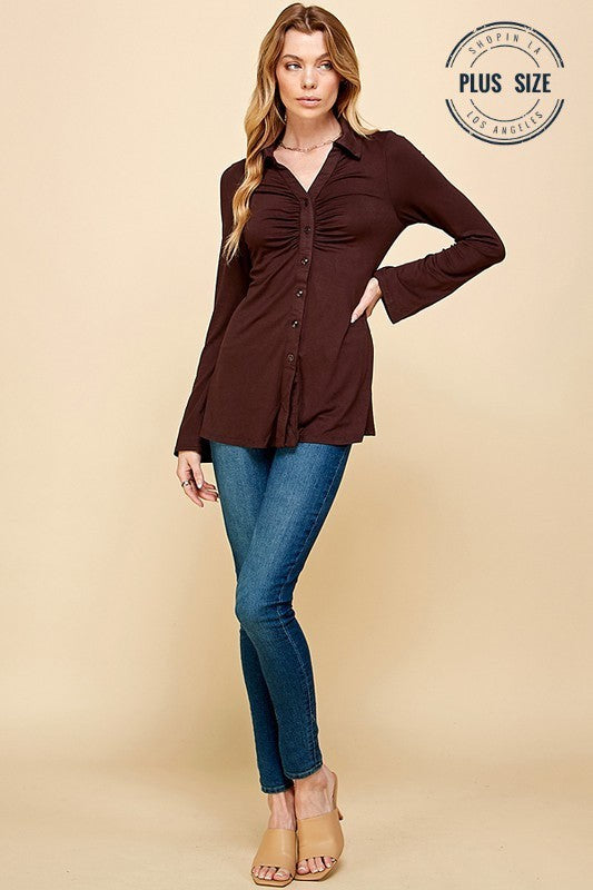 CT 2760 - V Collar Bell Sleeve Button Up Top