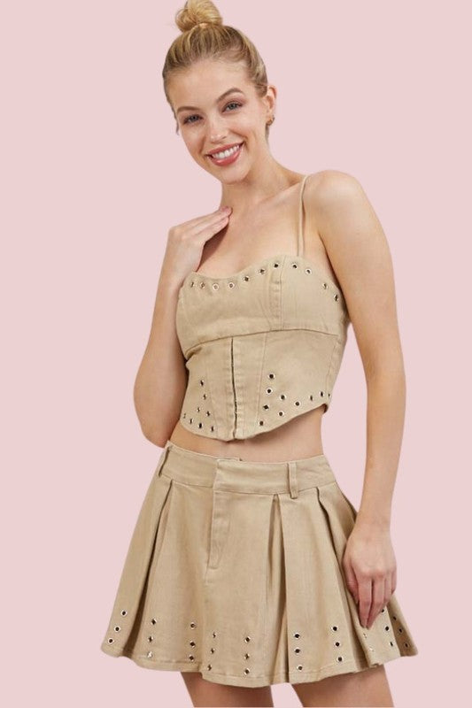 SKT 970 - Eyelet Cropped Two Piece Skirt Set (Top Only)