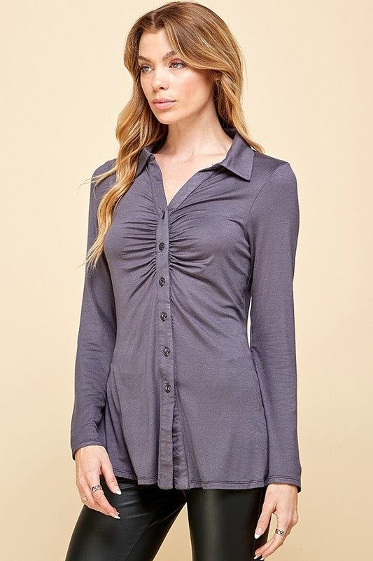 CT 2760 - V Collar Bell Sleeve Button Up Top