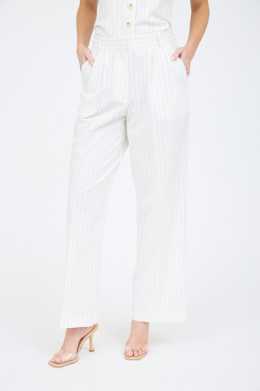 P 760 - Pinstripe Pleated Wide Leg Dress Pants