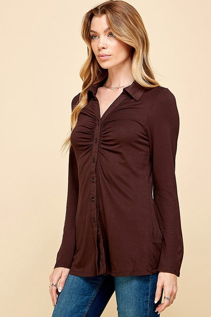 CT 2760 - V Collar Bell Sleeve Button Up Top