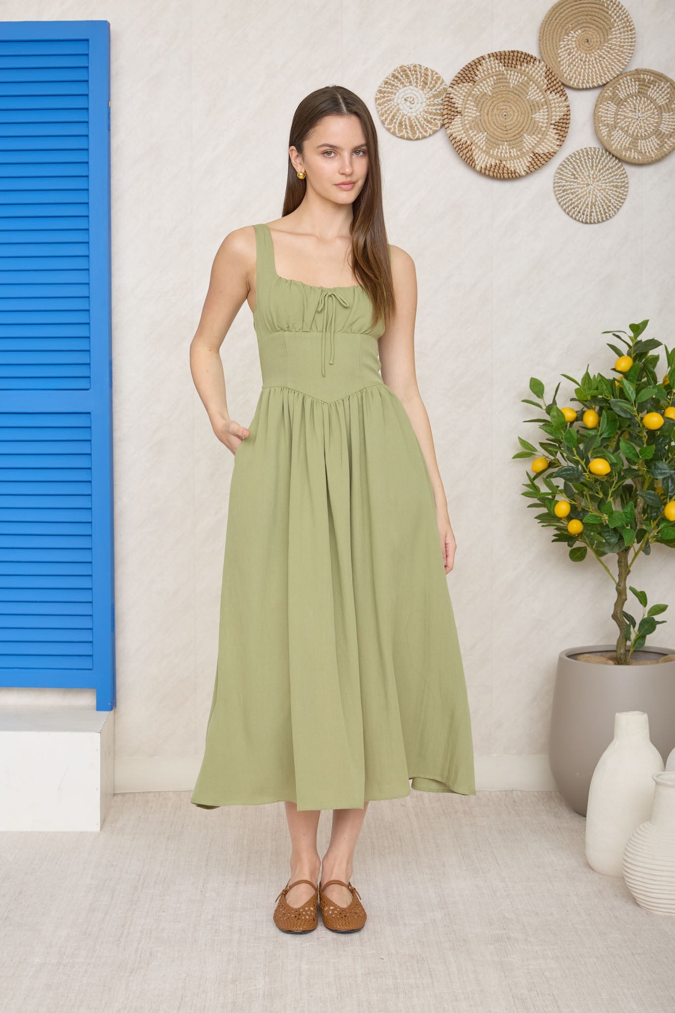 DD 1416 - Square Neck Corset Waist Midi Dress