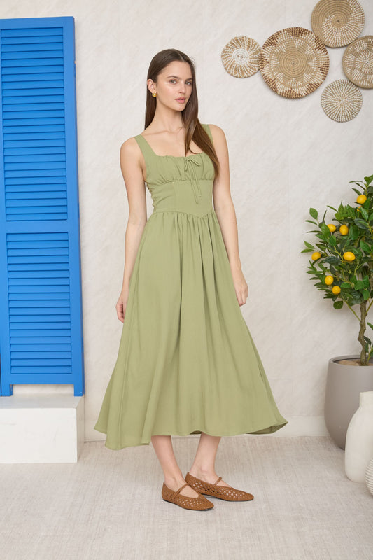 DD 1416 - Square Neck Corset Waist Midi Dress