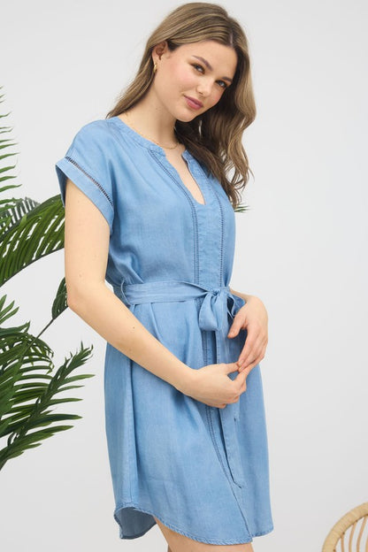 CD 3684 - Ladder Trim Belted Shirt Dress