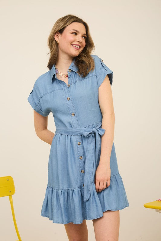 CD 3714 - Ruffle Hem Belted Shirt Dress