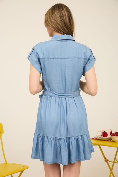 CD 3714 - Ruffle Hem Belted Shirt Dress