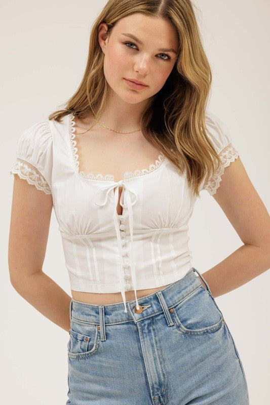 DT 1785 - Lace Trim Front Tie Crop Top