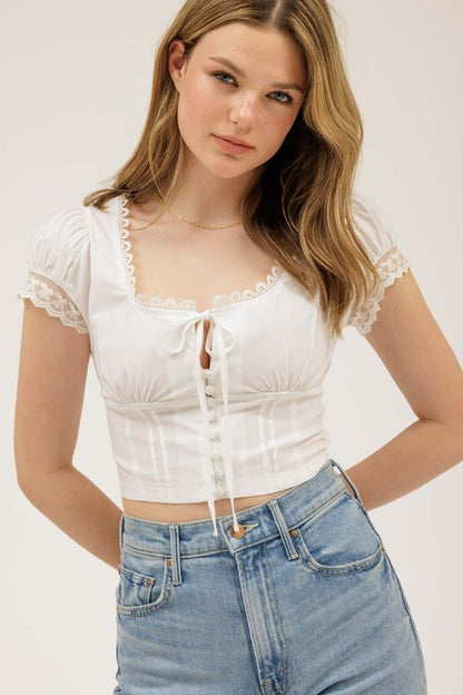 DT 1785 - Lace Trim Front Tie Crop Top