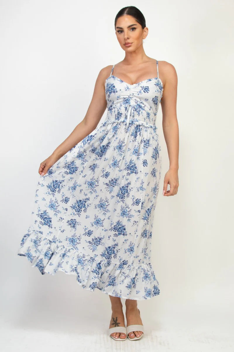 DD 1411 - Smocked Ruffle Trim Midi Dress
