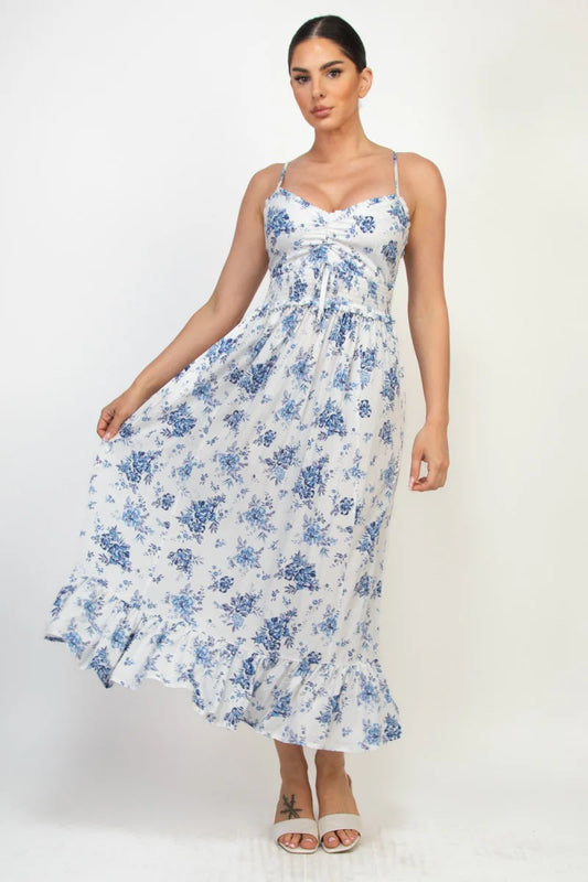 DD 1411 - Smocked Ruffle Trim Midi Dress