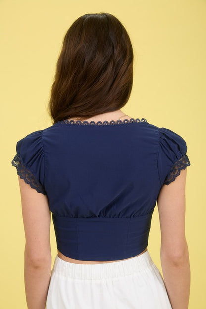 DT 1785 - Lace Trim Front Tie Crop Top