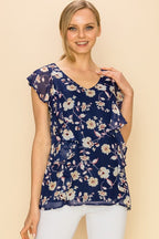CT 2763 - Floral Print V Neck Sleeveless Ruffle