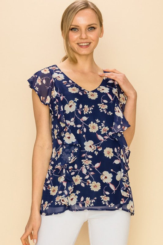 CT 2763 - Floral Print V Neck Sleeveless Ruffle