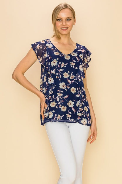 CT 2763 - Floral Print V Neck Sleeveless Ruffle