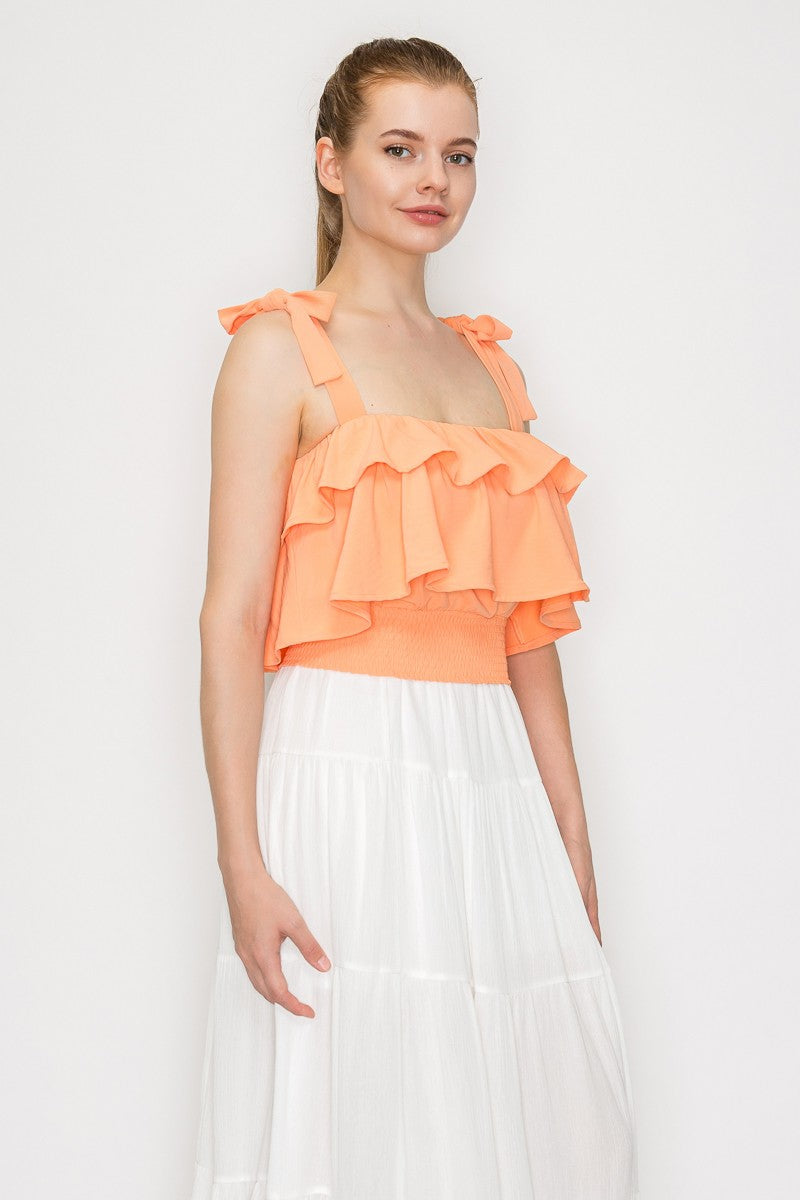 DT 1914 - Ruffled Tie Shoulder Crop Top