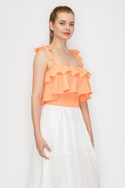 DT 1914 - Ruffled Tie Shoulder Crop Top