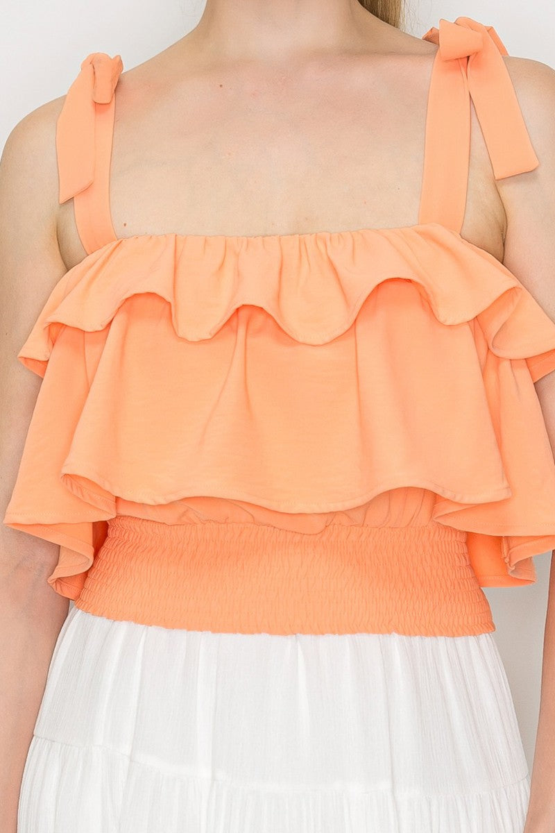 DT 1914 - Ruffled Tie Shoulder Crop Top
