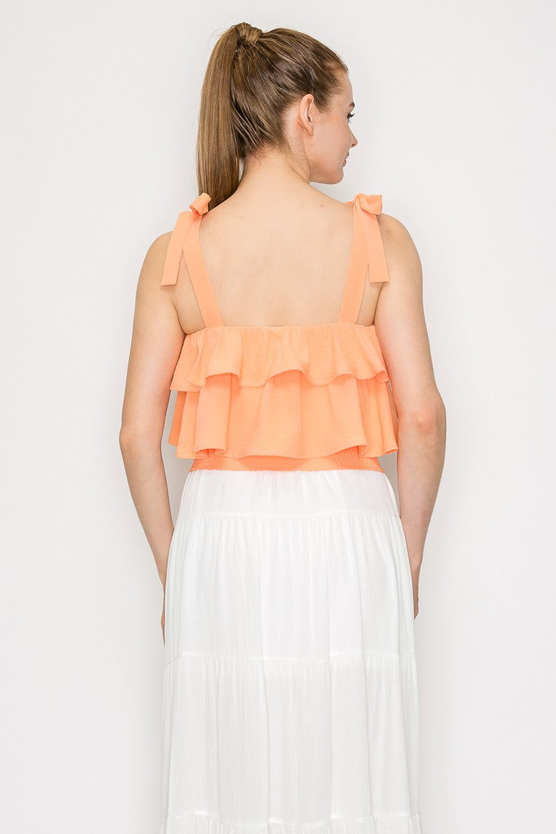 DT 1914 - Ruffled Tie Shoulder Crop Top