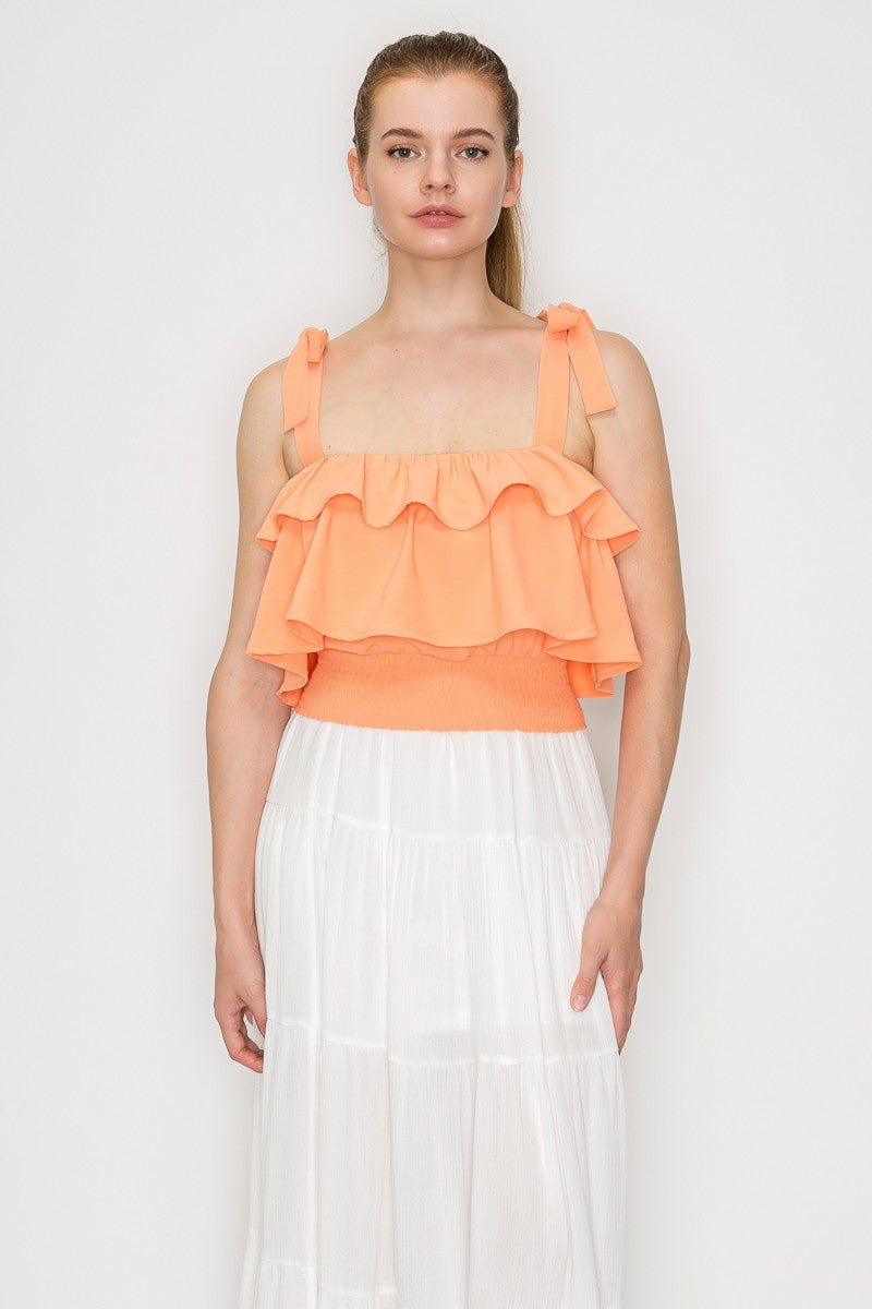 DT 1914 - Ruffled Tie Shoulder Crop Top