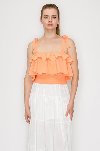 DT 1914 - Ruffled Tie Shoulder Crop Top