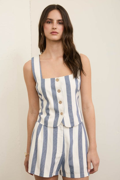 SET 057 - Striped High Waist Linen Shorts