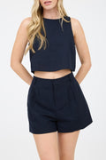 CT 2817 - Round Neck Cropped Linen Blouse
