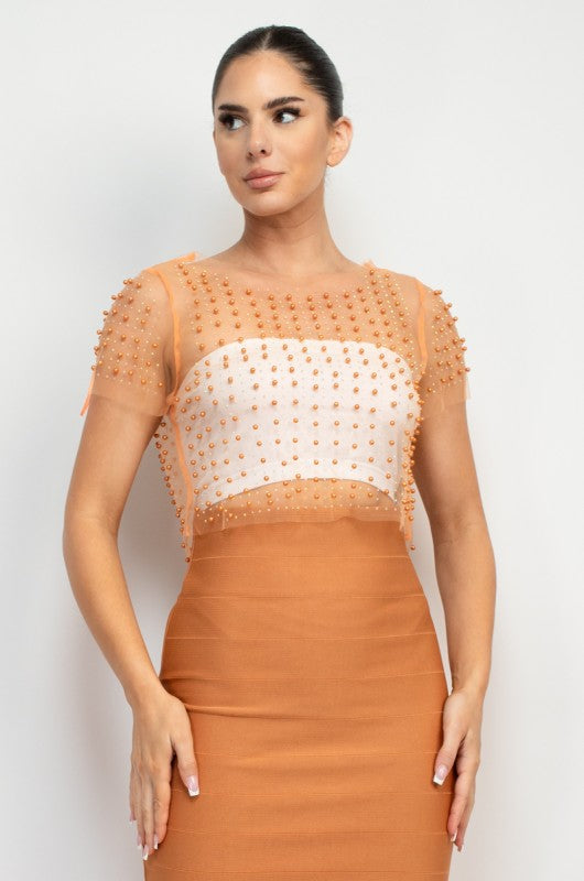 DT 1826 - Pearl Detail Mesh Crop Top
