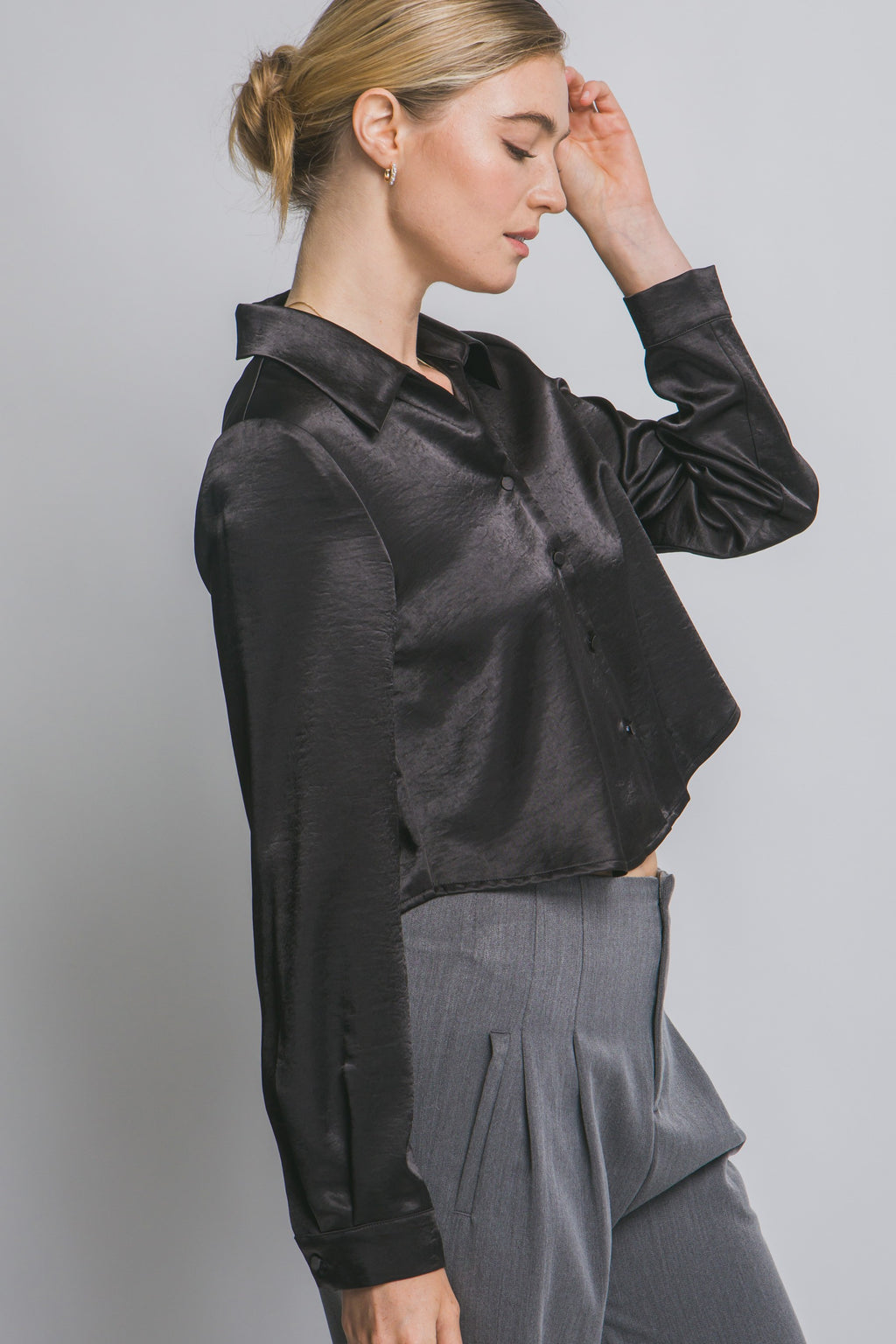 DT 1955 - Cropped Satin Button Up Shirt