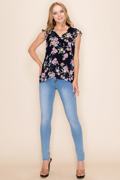 CT 2763 - Floral Print V Neck Sleeveless Ruffle