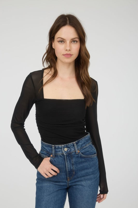 DT 1819 - Ruched Long Sleeve Mesh Top