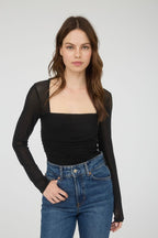 DT 1819 - Ruched Long Sleeve Mesh Top