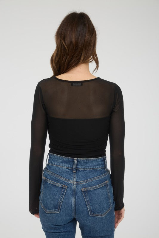 DT 1819 - Ruched Long Sleeve Mesh Top
