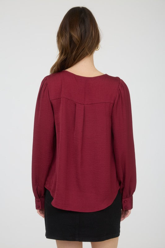 DT 1665 - Long Sleeve Satin V Neck Top