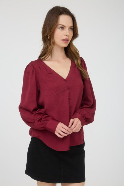 DT 1665 - Long Sleeve Satin V Neck Top