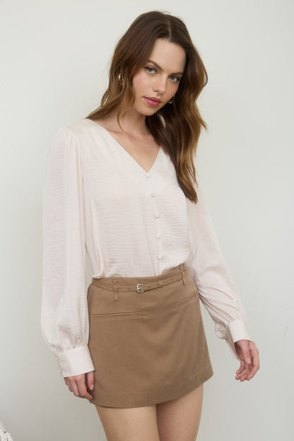 DT 1665 - Long Sleeve Satin V Neck Top