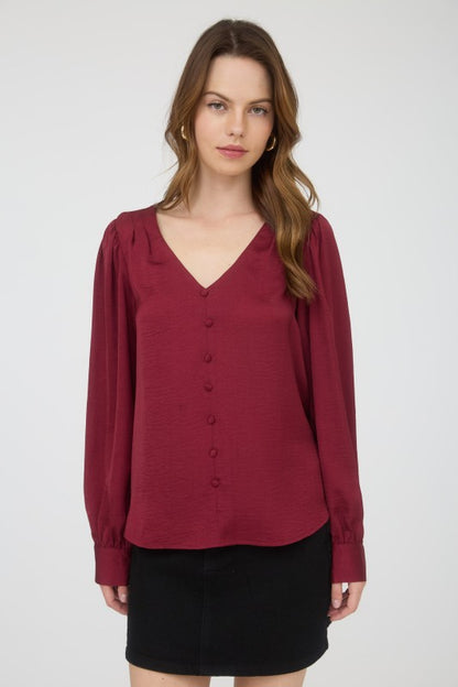 DT 1665 - Long Sleeve Satin V Neck Top