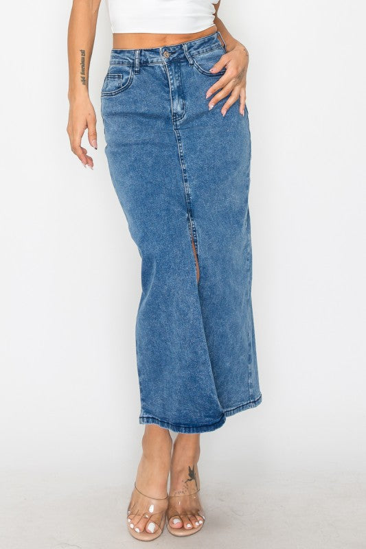SKT 983 - Denim Front Slit Skirt with Pockets