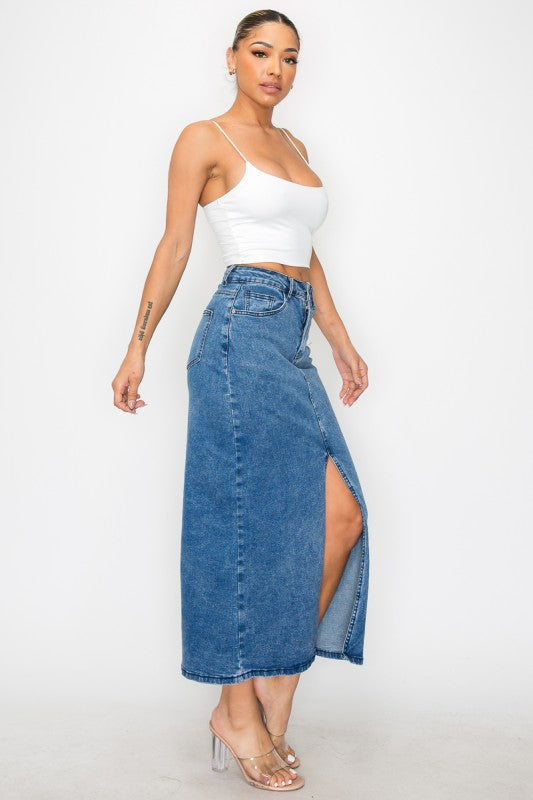 SKT 983 - Denim Front Slit Skirt with Pockets